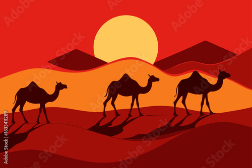 Camels silhouetted against a desert sunset