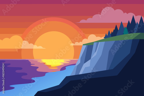 Vibrant sunset over a coastal cliff with ocean waves