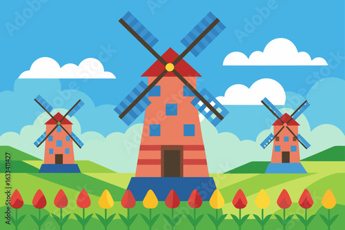 Three dutch windmills in a field of tulips under a blue sky