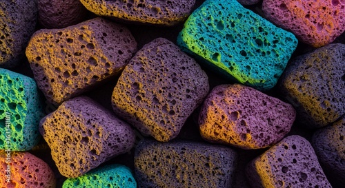 Close up of colorful porous lava rocks with vibrant gradient lighting