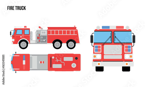 Firetruck Flat design illustration, Public Vehicles , top view, side view, front view, isolated by white background