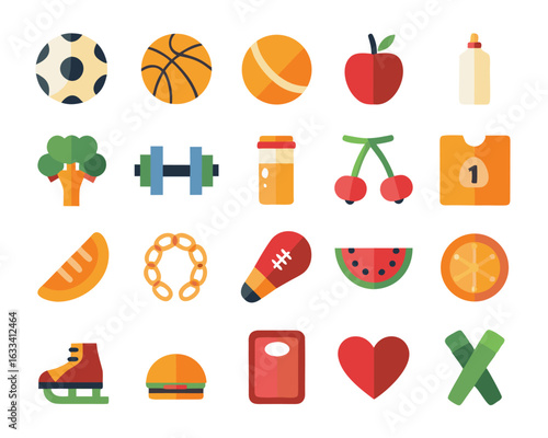 Collection of thin line icons representing a healthy lifestyle including fitness and wellness elements isolated on transparent background