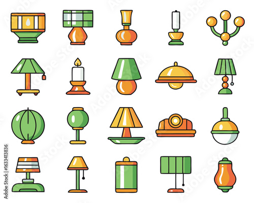 Elegant silhouette icon collection featuring various lighting fixtures and lamps isolated on transparent background