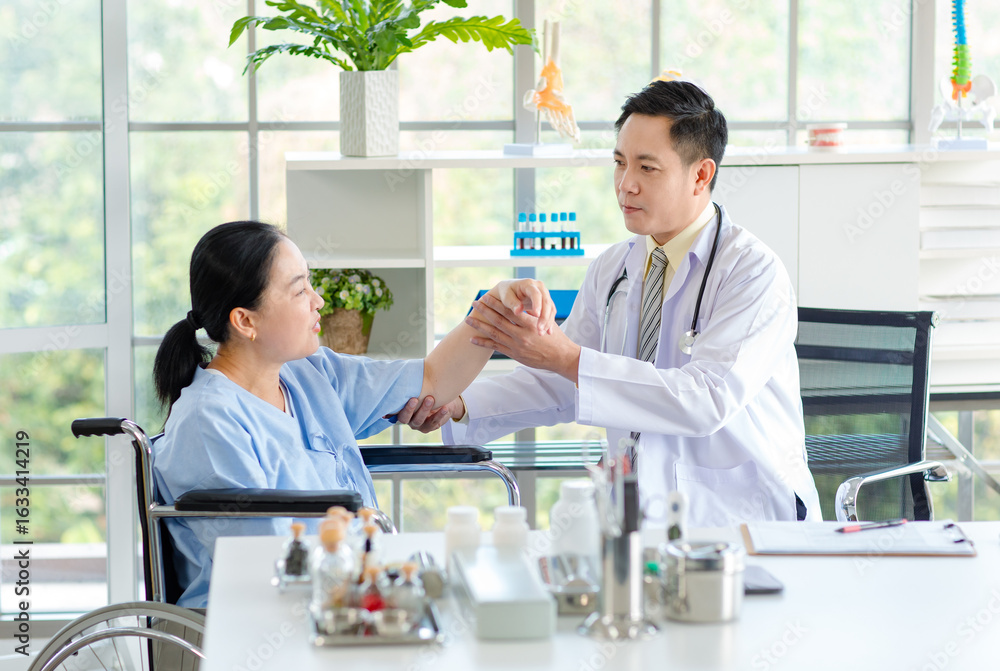 Fototapeta premium Asian male doctor in white coat with stethoscope, consulting explain medications to senior female patient professional support trust healthcare checkup, insurance treatment wellness in hospital clinic