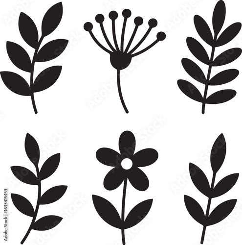 set of black silhouettes of leaves