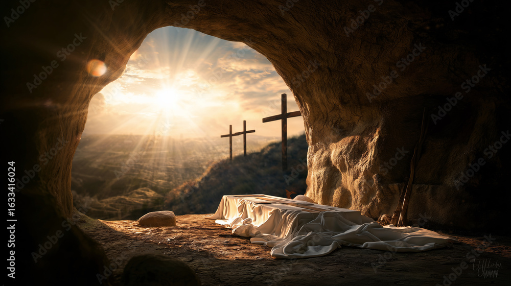 Obraz premium Happy Easter, The Risen Jesus and the Empty Tomb