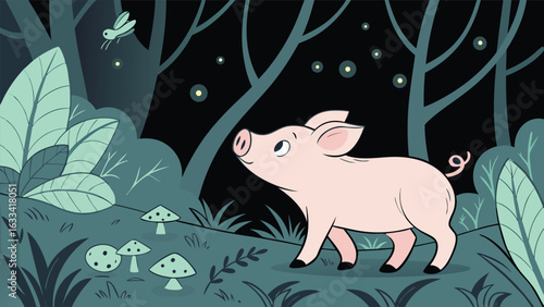 Enchanting piglet in bioluminescent forest with magical fireflies