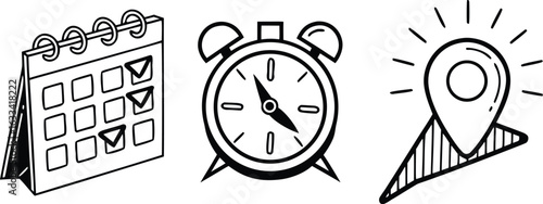 Icons of Time Management Planning and Location Symbols Representing Appointments Deadlines and Navigation