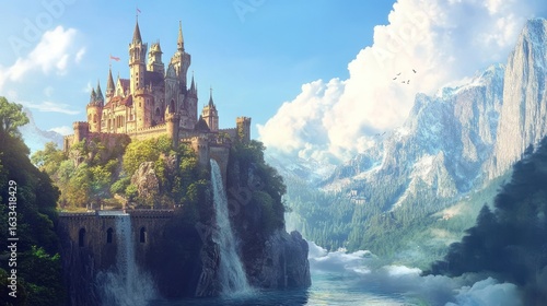 Wallpaper Mural Fairytale castle perched on a clifftop, waterfalls cascading down to a tranquil lake. Lush greenery surrounds the majestic structure, set against a backdrop of snow-capped mountains and a vibrant sky Torontodigital.ca