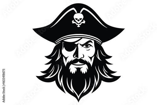 Black and White Illustration of a Pirate Face with Skull on Hat