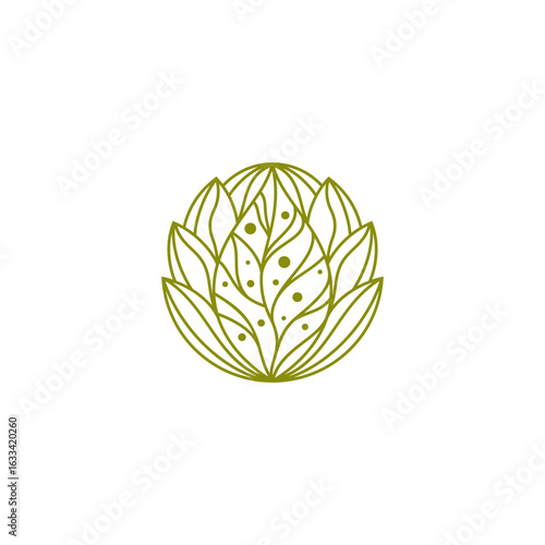 Nature logo design template with green leaves and water bubbles in minimal line circle emblem style