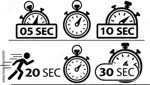 Illustrative Time Duration Icon Set for Various Applications Including Sports and Performance Measurement showcasing incrementing time intervals in seconds