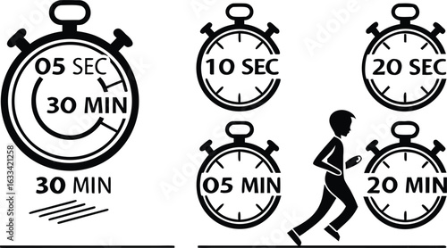 Interval Training Stopwatch Icons and Silhouette of Running Person Promoting Fitness and Athletic Activity Timing Workouts for Improved Performance