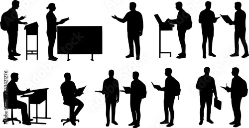 Editable vector silhouettes of adult students and a teacher in a classroom with all elements as separate objects
