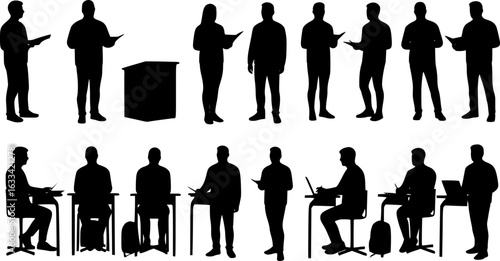 Editable vector silhouettes of adult students and a teacher in a classroom with all elements as separate objects

