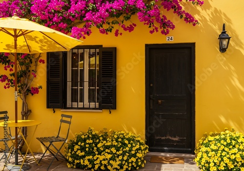 Cheerful European-style architecture featuring a sunny yellow wall and a cozy outdoor seating area