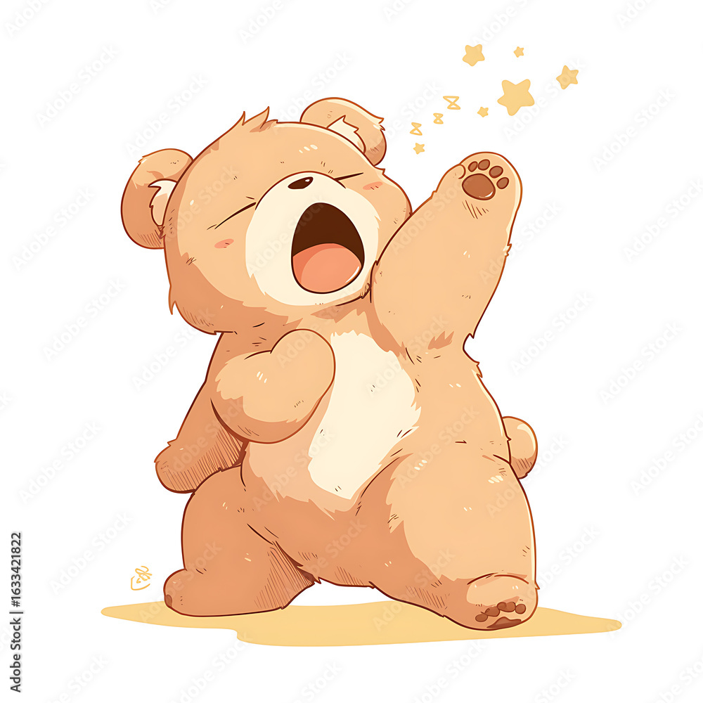 Fototapeta premium A cute cartoon bear illustrated in a playful and charming style. The bear has a soft, friendly expression, rounded shapes, and warm colors, perfect for children’s books, stickers, or T-shirt designs.