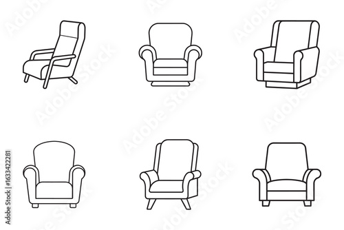 Collection of various armchair designs in black outline on white background for furniture design presentations and interior design projects