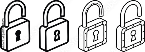 Line Art Padlock Collection Security and Privacy Icons in Isometric Style Representing Cyber Security Concepts and Data Protection Measures