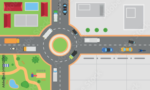 Top view of intersection traffic of city with top view of housing area,  park, building background, Flat style design illustration