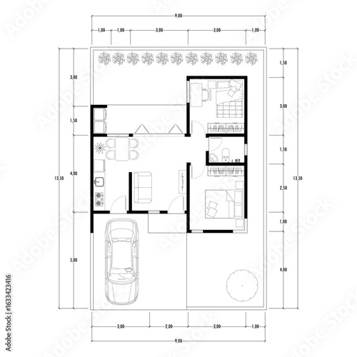Black and White floor plan of a modern unfurnished house for your design. Suburban house vector blueprint. Architectural background.