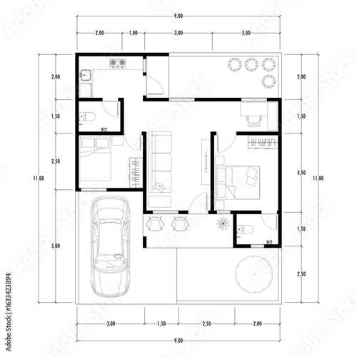 Black and White floor plan of a modern unfurnished house for your design. Suburban house vector blueprint. Architectural background.