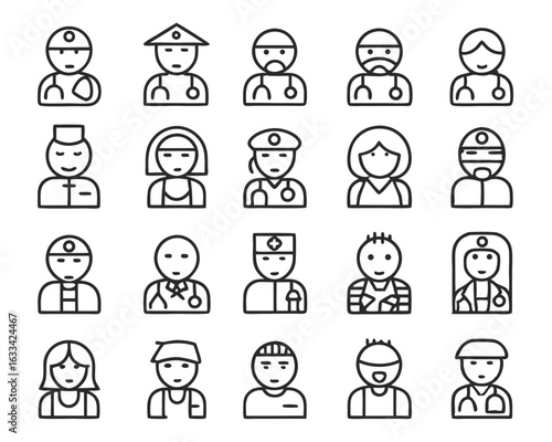 Collection of medical staff and healthcare symbols in a clean line art style featuring doctors nurses and medical equipment isolated on transparent background