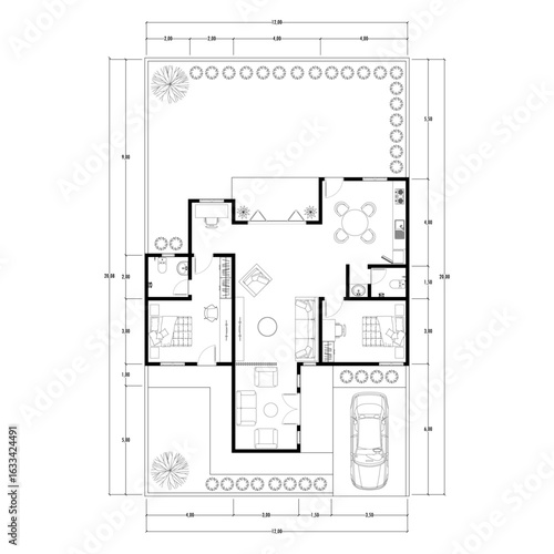 Black and White floor plan of a modern unfurnished house for your design. Suburban house vector blueprint. Architectural background.