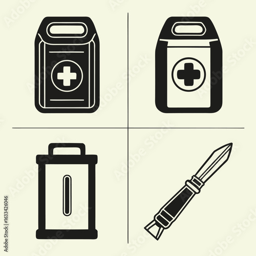 First aid kit and utility knife icons medical cross