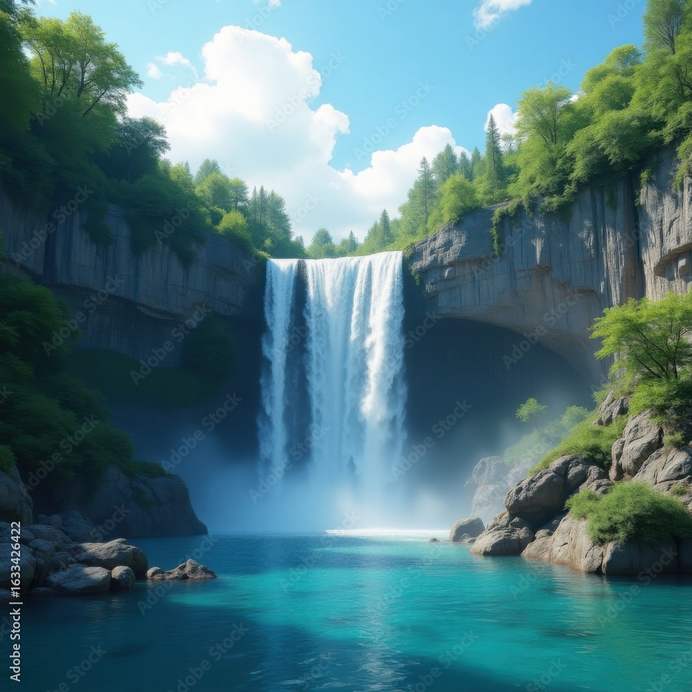 Fototapeta premium Majestic Waterfall Cascading into a Crystal Clear Turquoise Pool Surrounded by Lush Green Forests and Rocky Cliffs Under a Blue Sky with White Clouds