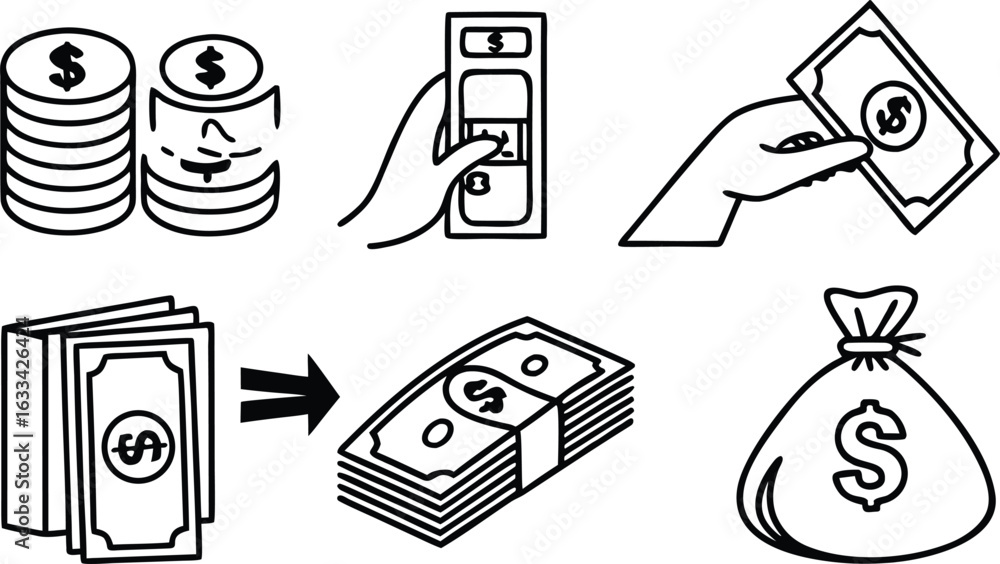 Fototapeta premium Money and Finance Outline Icons Collection Various Forms of Currency and Transactions Represented in Simple Black and White Line Art