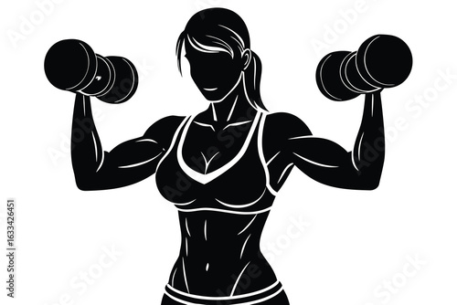 Black and White Silhouette Woman Lifting Dumbbells, Displaying Fitness and Strength Workout
