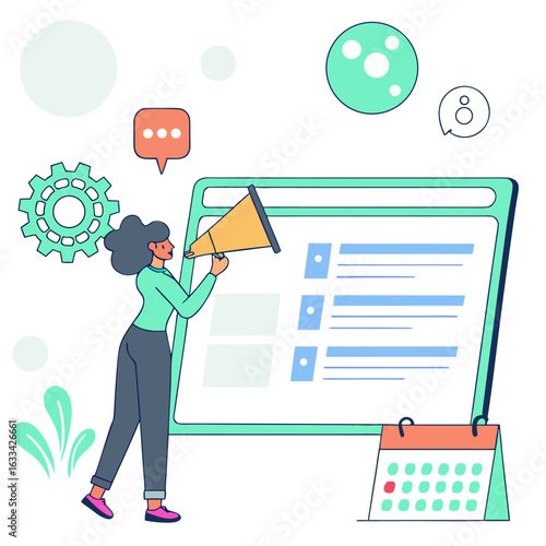 Woman with megaphone announces tasks on a digital board with calendar and gear elements representing planning and organization