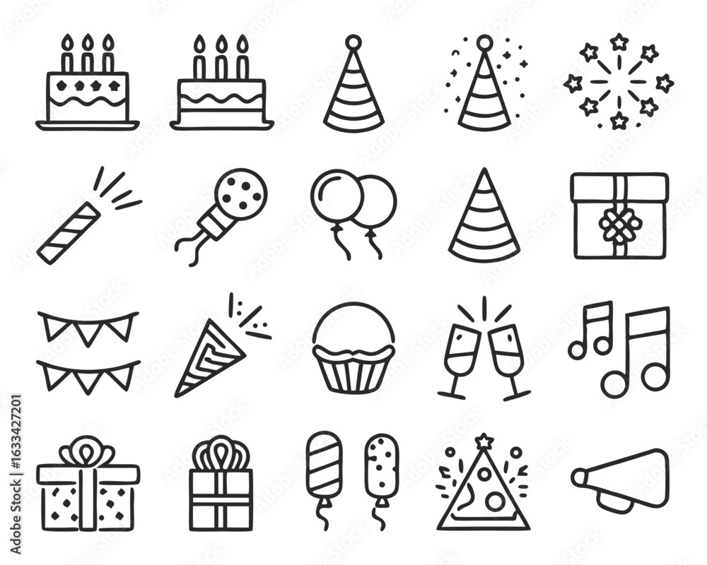 Fototapeta premium Collection of linear birthday celebration symbols including a cake balloons and candles presented as a graphic element isolated on transparent background