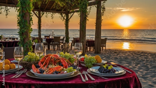 A decadent table with grapes, lobster, food canopy, beach sunset, affluent spread, posh food, fine dining, rich decor, expensive table, velvet tablecloth, exotic fruits, and a romantic ambiance.