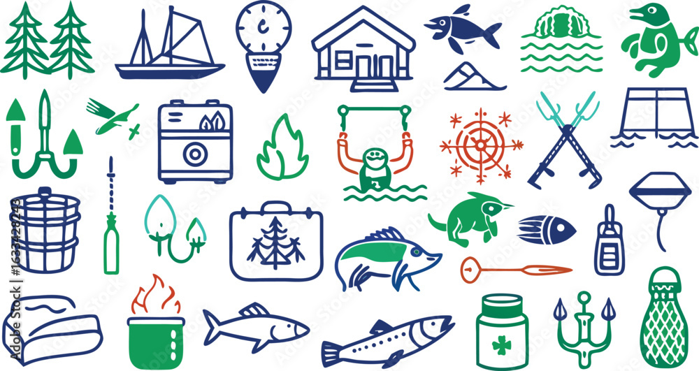 Obraz premium Assortment of Nature and Outdoor Recreation Icons in Green Blue and Orange trees forest