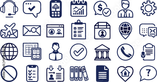 Business and communication icons in blue showing contact information, documents, and people customer service