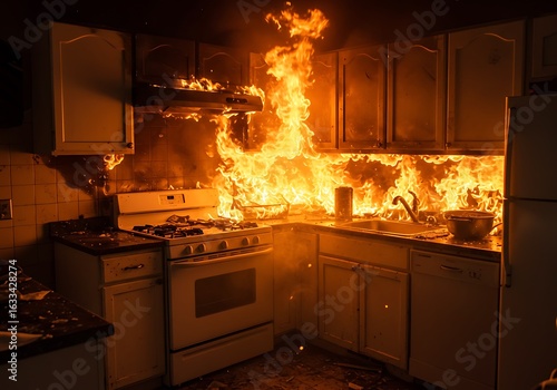 深夜のキッチン火災 炎上する台所