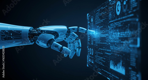 Robotic Hand Interacting with Futuristic Blue Data Interface: AI, Technology, Innovation Concept