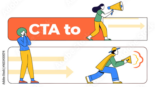 Illustrating the concept of call to action cta with people using megaphones and arrows indicating direction and communication