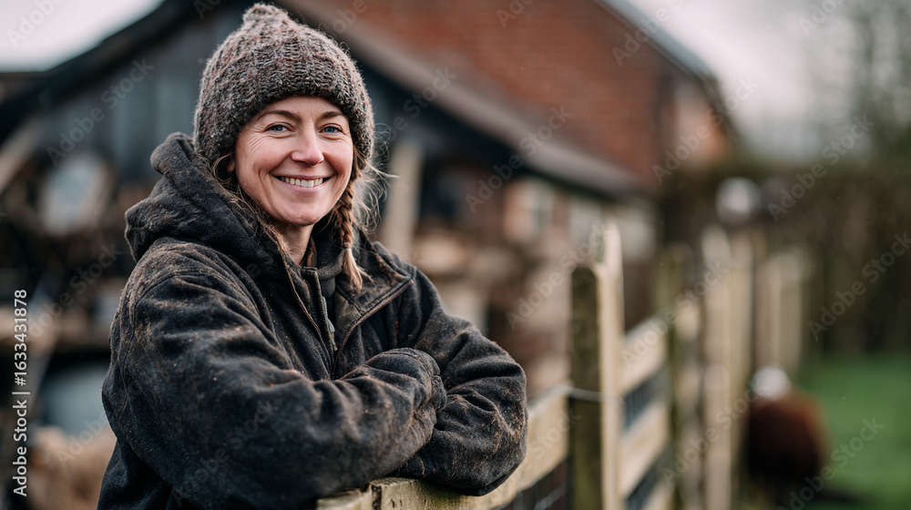 Fototapeta premium Portrait of a smiling woman in work clothes leaning on a wooden fence