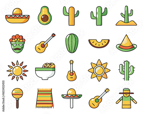 A collection of outline style icons representing mexican culture and traditions isolated on transparent background