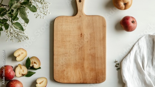 A light wooden cutting board rests on a white surface, surrounded by peaches, pears, sprigs of greenery, and a cloth