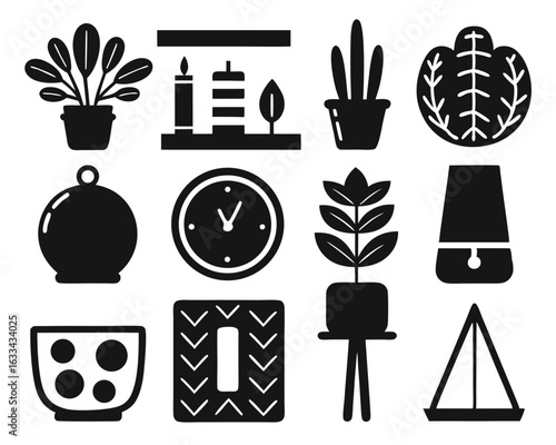 Chic home ambiance icons featuring plants timepiece and candle for interior design projects isolated on transparent background