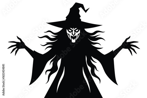 Black Silhouette of an Evil Witch with Spreading Arms and a Pointed Hat on White