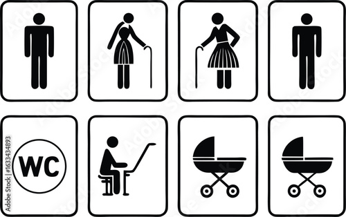 Restroom and Accessible Facilities Icons Representing Men Women Elderly and Families in Public Spaces for Accessibility