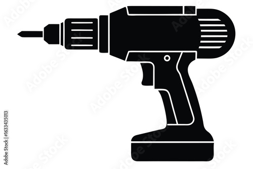 Black Silhouette of Cordless Drill with Battery Pack, Industrial Tool Design Isolated