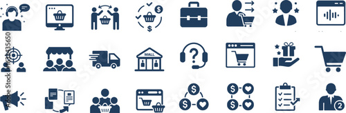 Comprehensive glyph icon set for e-commerce, online shopping, business operations, and digital marketing concepts