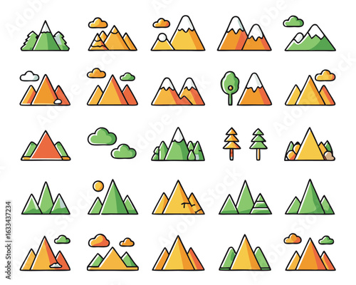Collection of majestic mountain silhouettes featuring peaks and valleys for nature themed designs isolated on transparent background