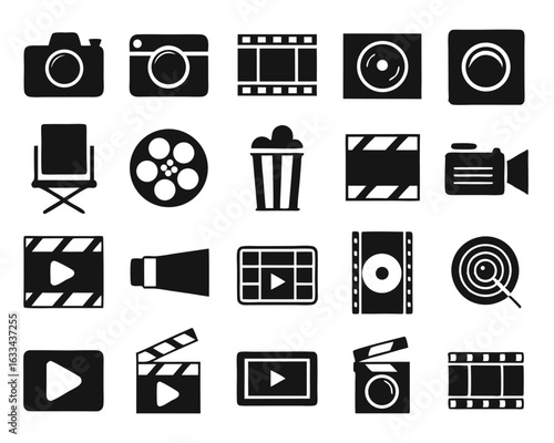 Comprehensive multimedia icon collection featuring camera live stream and cinematic elements isolated on transparent background